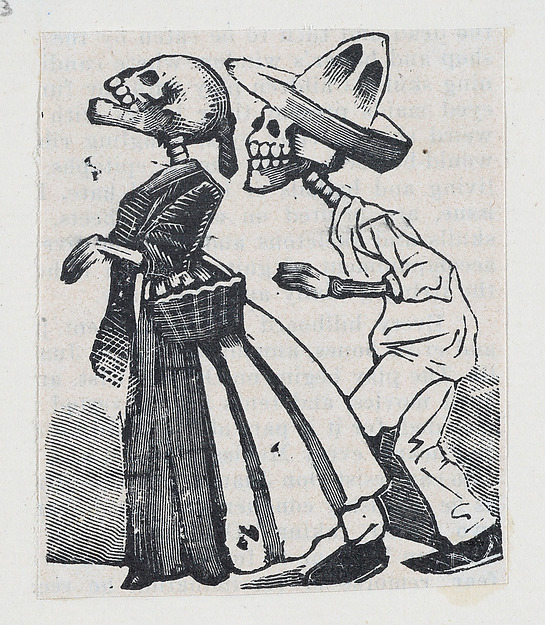 José Guadalupe Posada, A male skeleton walking behind a female skeleton (vignette for the feast of the dead)