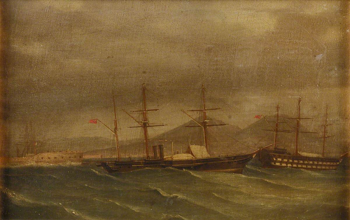 Antonio de Simone the Elder, A paddle frigate in a rough sea off Naples