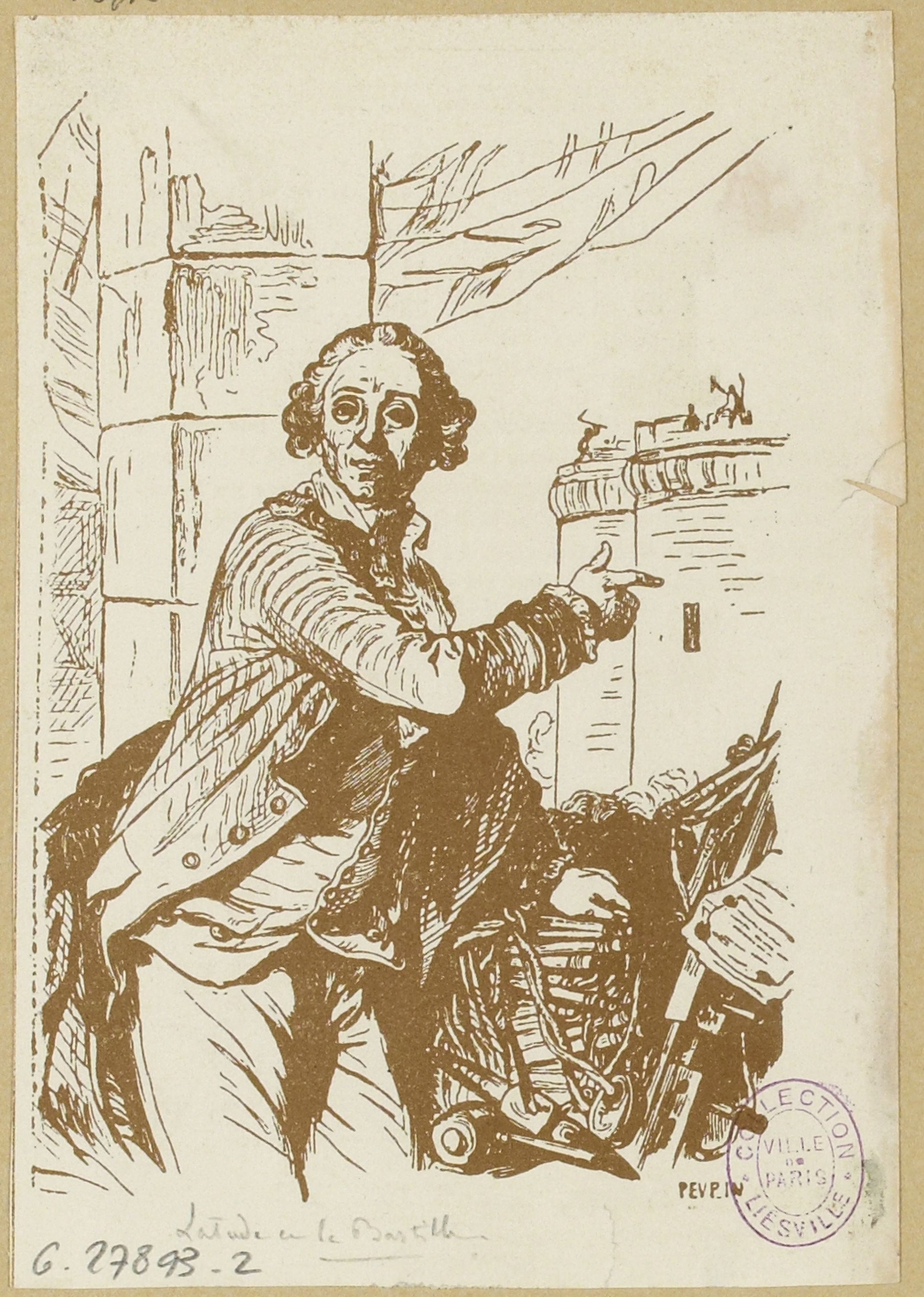 Anonyme, Portrait de Jean-Henri Masers, chevalier de Latude (1725-1805), aventurier, montrant la prise de la Bastille (d'après le tableau d'A. Vestier). Révolution Française.