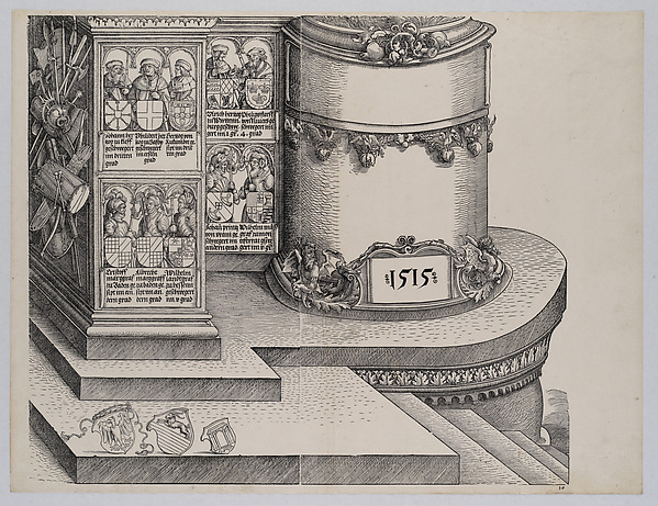 Albrecht Altdorfer, Portraits of Maximilian's Relatives; and The Base of the Right Outer Column with the Date 1515, from the Arch of Honor, proof, dated 1515, printed 1517-18