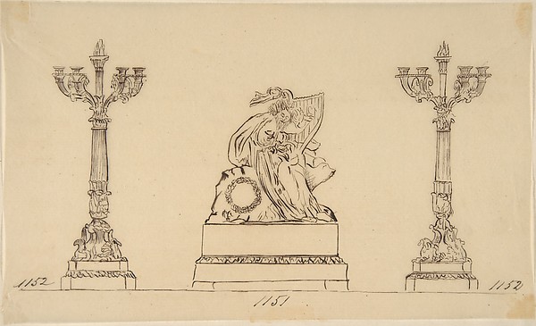 Anonymous, French, 19th century, Design for a Set of Candlesticks and a Clock