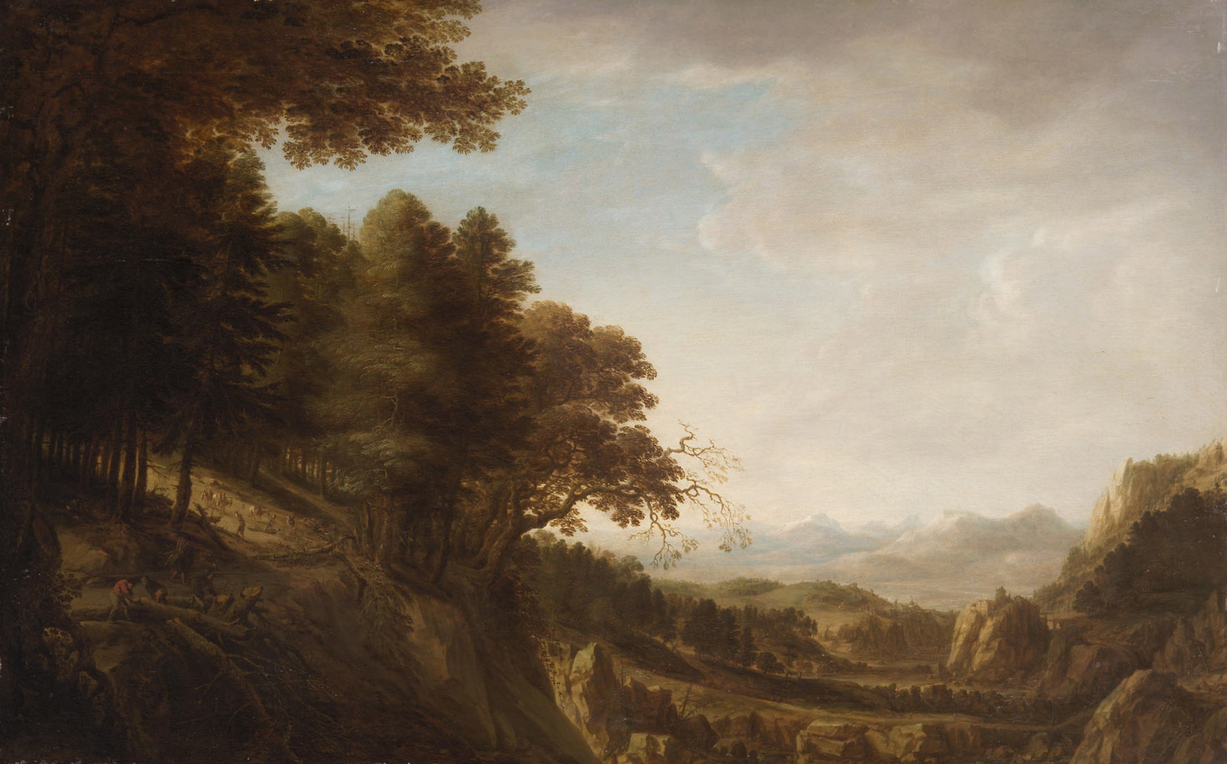 Herman Saftleven, Wooded mountain landscape with lumberjacks