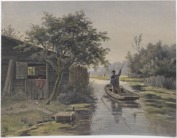 Kikkert, Jan Elias, (1843-1925), (artist), Man in a boat passing a shed