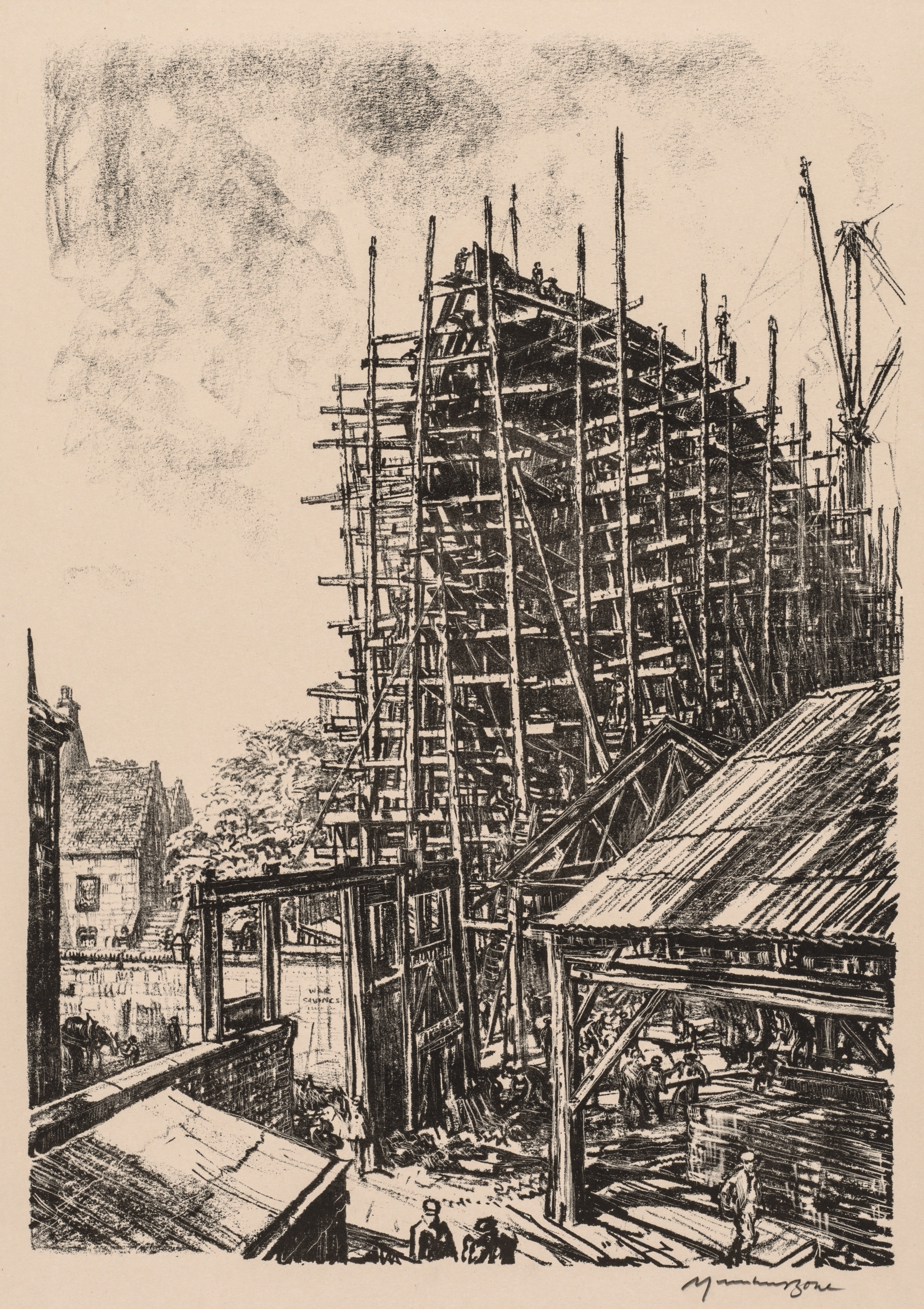 Muirhead Bone, On the Clyde, 1917-1918:  Building a Liner at Greenock