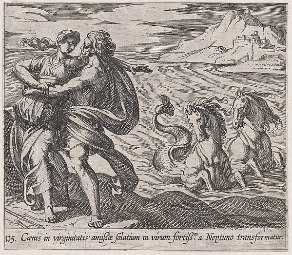Antonio Tempesta, Plate 115: The Rape of Caenis (Caenis in virginitatis amißae solatium in virum fortiß.m a Neptuno transformatur), from Ovid's 'Metamorphoses'