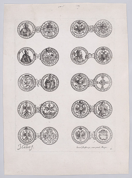 Jacques Callot, 6th Plate, Featuring 10 Coins Issued by European Princes in the 16th and 17th centuries, from Les Monnaies (The Currencies)