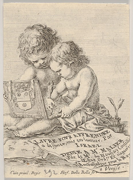 Stefano della Bella, Plate 1: Two children sitting on the ground, the child on the right drawing while the child on the left holding the album, title page from "The Book for Learning to Draw" (Livre pour apprendre à dessiner)