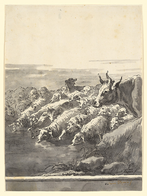 Giovanni Domenico Tiepolo, A Flock of Sheep Drinking at a Pool, with a Bullock and a Dog