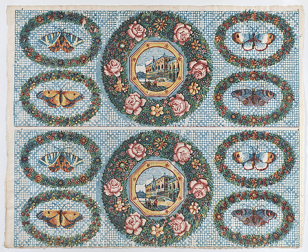 Anonymous, Sheet with two borders with landscapes and moths within wreaths