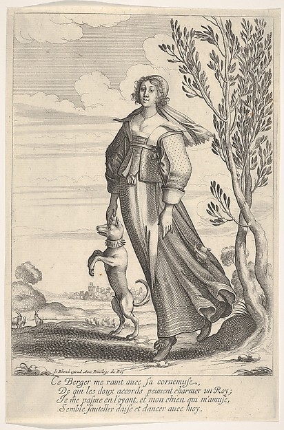 Abraham Bosse, A shepherdess, accompanied by her dog, dancing to the sound of a musette