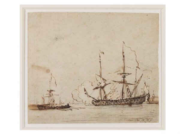 Willem van de velde the younger, A Man-of-War at Anchor with other Shipping in the Background