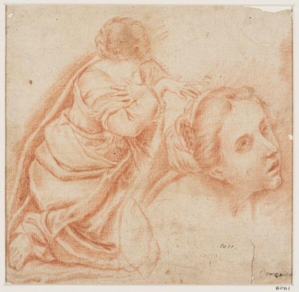 Unknown, A woman kneeling with her arms crossed on her breast; and a separate study of her head, larger in scale