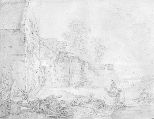 Abraham Bloemaert, Et bondehus mellem ruiner, i forgrunden t.h. vaskerpiger
