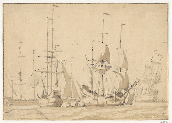 Willem van de Velde I, Dutch Merchant Ships at Anchor or under Easy Sail in a Moderate Breeze