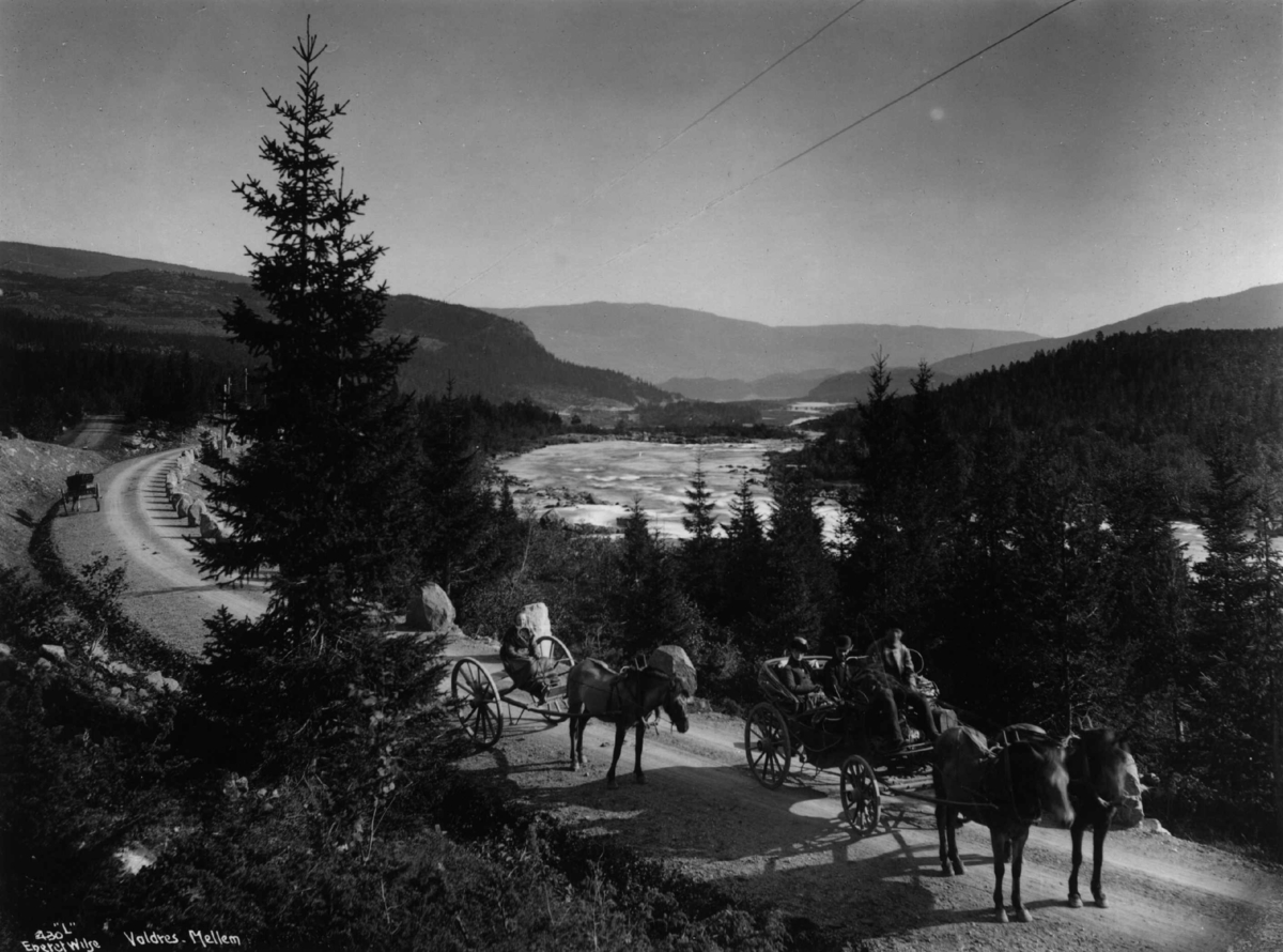 Axel Lindahl, Kalesjevogn og karjol, på veien like sør for Ryfoss, Vang, Oppland, 1880-90-årene. Kalesjevognen har trykkfjærer, karjolen er uten fjærer. Vognen er sannsynligvis Statens diligence.