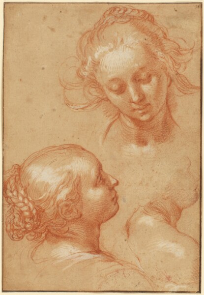 Abraham Bloemaert, Three Studies of Women (recto); Four Studies of Hands and a Counterproof of a Kneeling Young Man (verso)