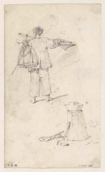 George Chinnery, A Chinese porter, and a study of an anvil and hammers