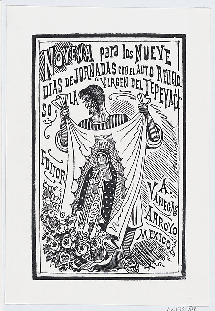 José Guadalupe Posada, A man holding up a piece of fabric with an image of the Virgin, illustration for 'Novena para los nueve dias de jornadas con el auto religioso la Virgin de Tepayac'