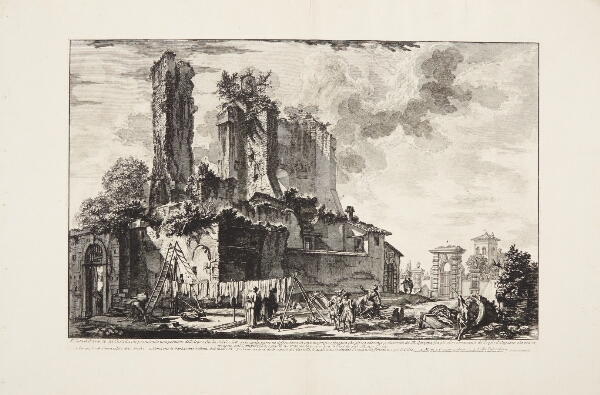 Giovanni Battista Piranesi, Resterne af bygningen over Acqua Giulia, med tørresnore i forgrunden og Villa Palombara i det fjerne