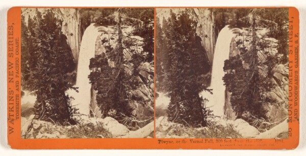Carleton Watkins, Piwyac, or the Vernal Fall, 300 feet, from the cliff, Yosemite Valley, Mariposa County, Cal.