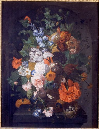 Coenraet Roepel, Flowers on a stone ledge with a bird's nest