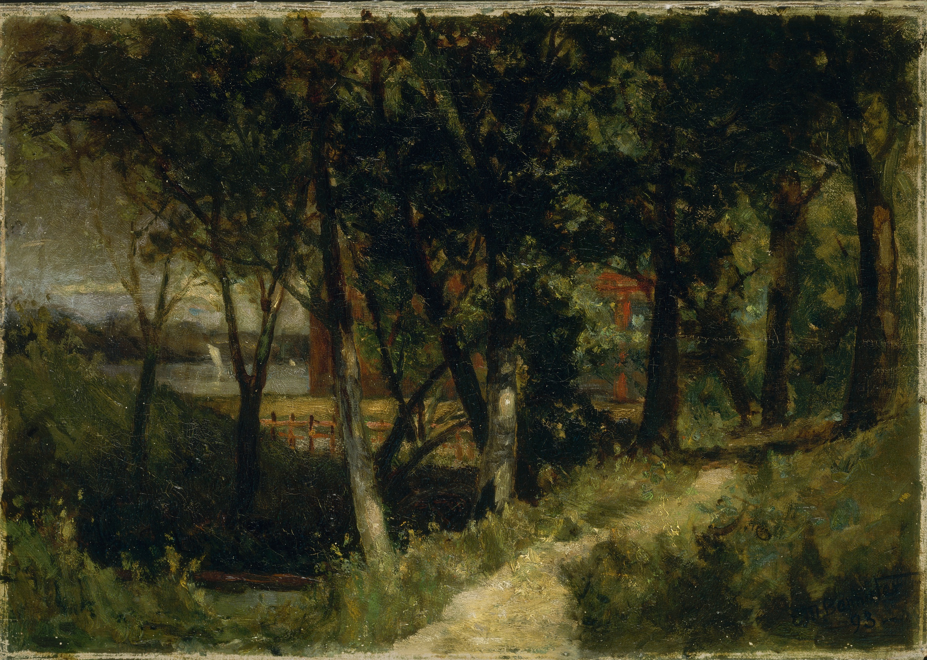 Edward Mitchell Bannister, Untitled (landscape, forest scene with red fence and building)
