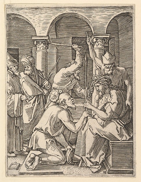 Marcantonio Raimondi, The Crown of Thorns; men putting crown of thorns on Christ who blesses kneeling man, from "The Passion of Christ", after Dürer