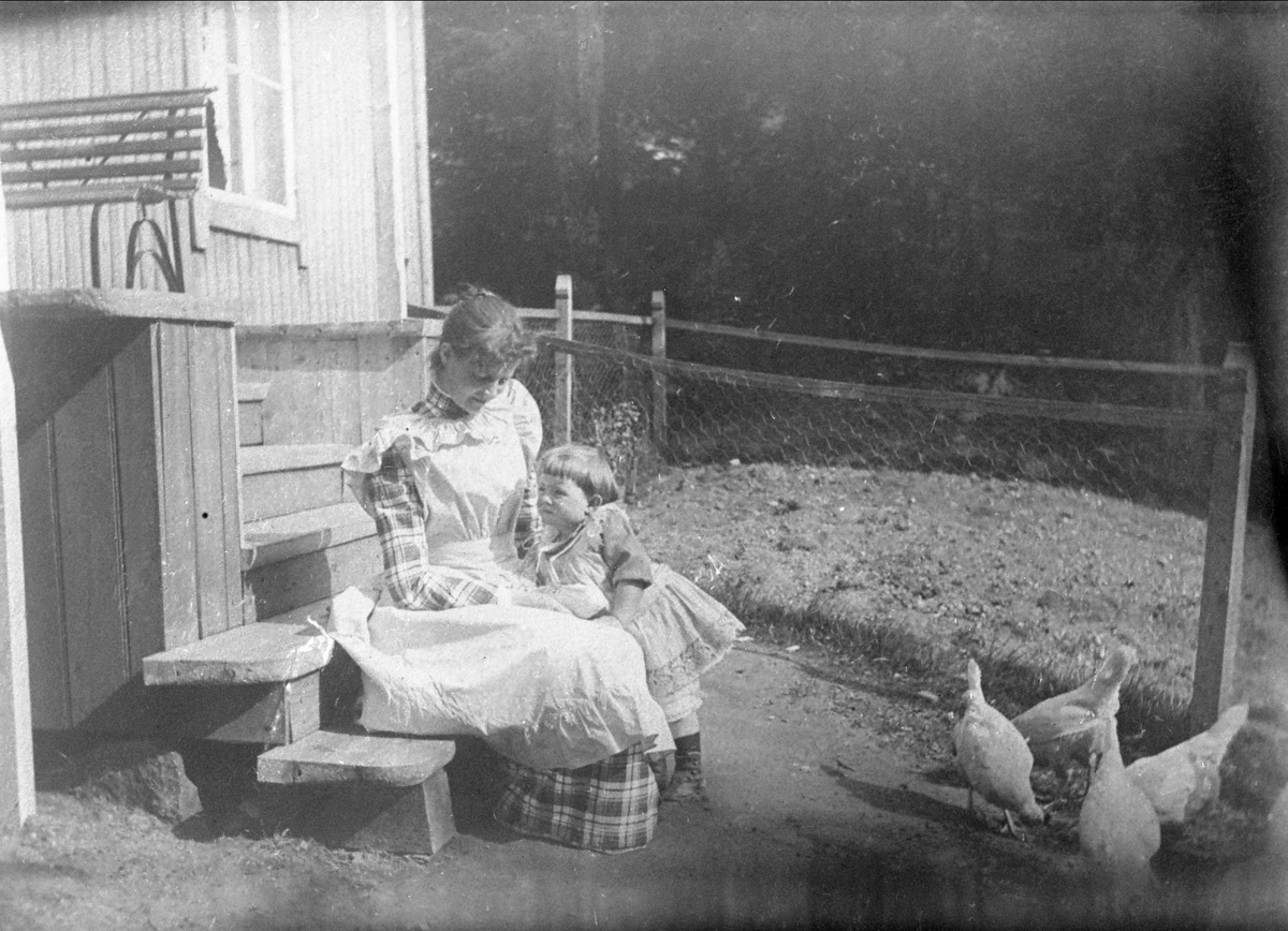 Gustav Borgen, Avfotografering. Kvinne og barn sitter på trapp med høner spaserende i forkant. Fru Doktor Fricks kopi.