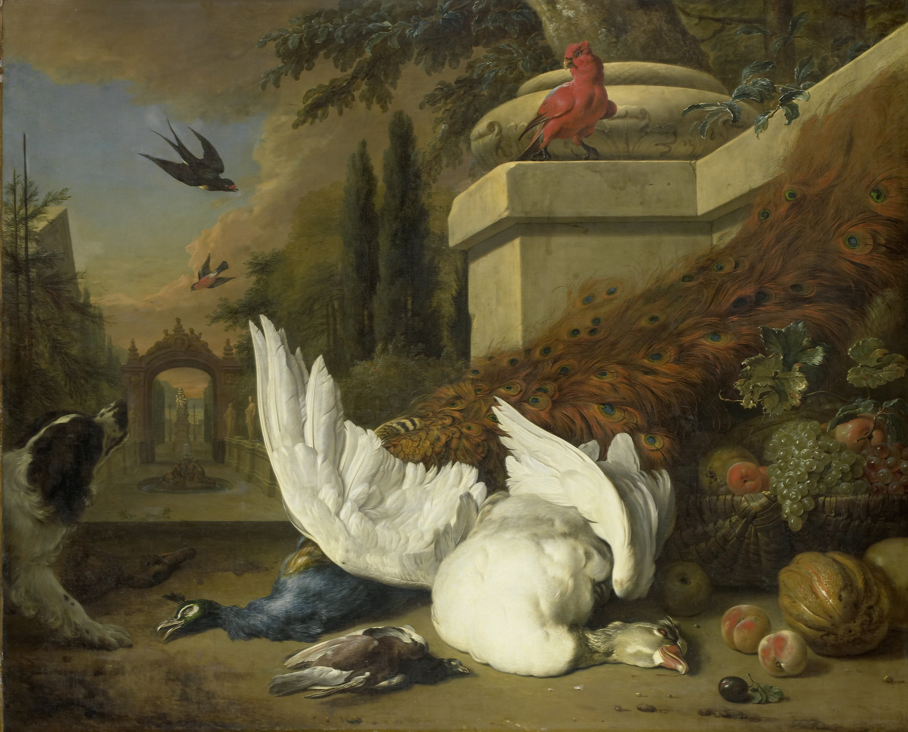 Jan Weenix, A monkey and a dog beside dead game and fruits, with the estate of Rijxdorp near Wassenaar in the background