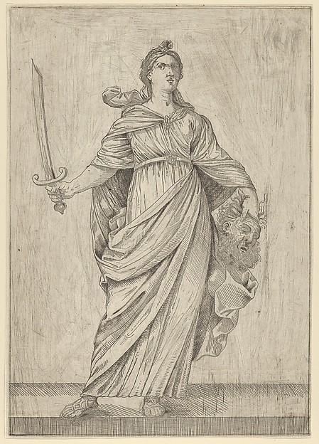 Anonymous, Judith standing on a ledge holding the head of Holofernes in her left hand and a sword in her right