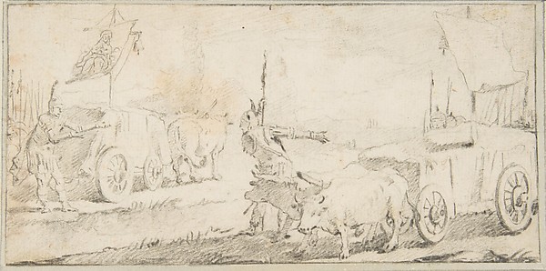 Giovanni Battista Tiepolo, Illustration for a Book:  Soldiers Driving Ox Carts with Banners