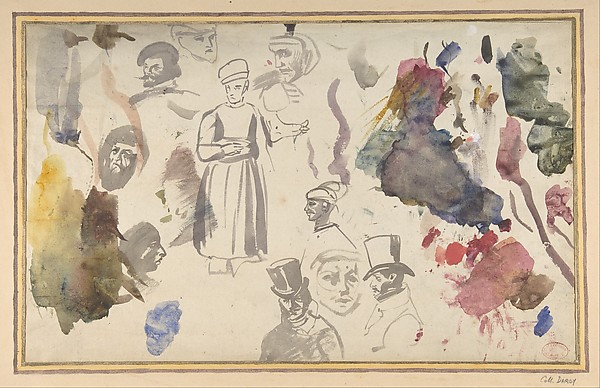 Eugène Delacroix, Studies of male heads and a standing male figure