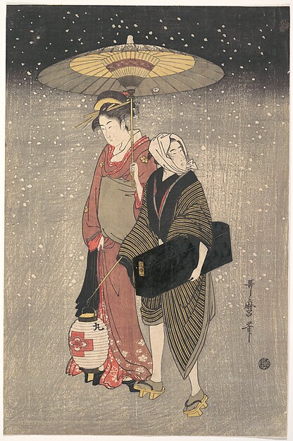 Kitagawa Utamaro, Geisha Walking through the Snow at Night