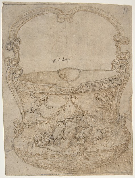 Girolamo Genga, Design for a Bucket-Like Vessel with a Handle of Non-Figural Interlaces, on a Body Adorned with a River God and Two Putti