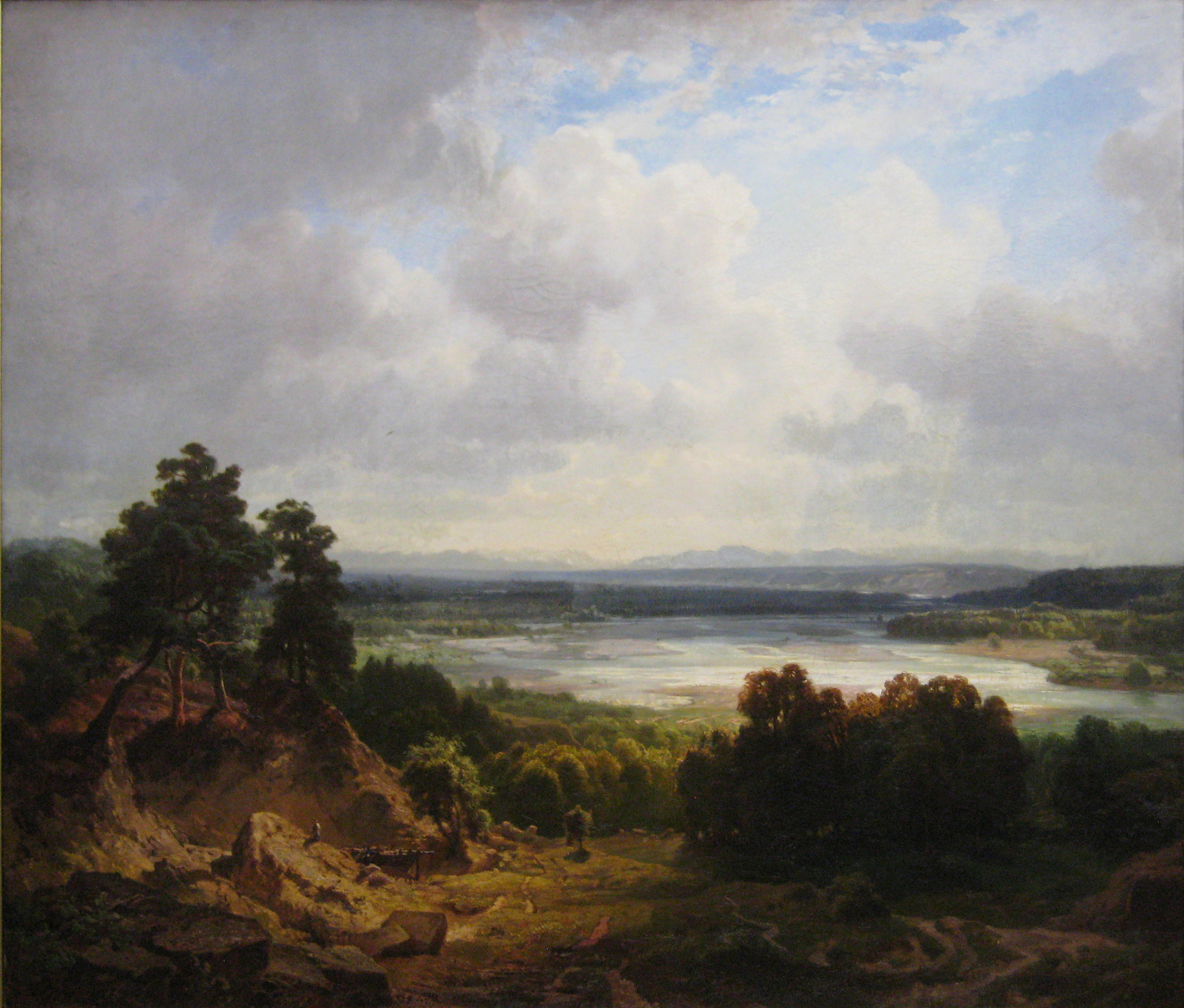 Eduard Schleich the Elder, Das Isarbett bei München mit Aussicht auf die bayerischen Alpen