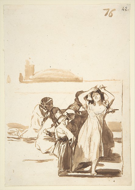 Goya (Francisco de Goya y Lucientes), A woman pulling at her hair accompanied by a group of figures; page 76 from the "Images of Spain" Album (F)