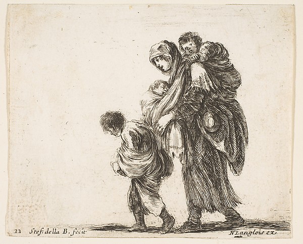 Stefano della Bella, A beggar woman with three children, one child on her shoulders, one child in her arms, and one child who walks in front of her to left, plate 22 from "Diversi capricci"