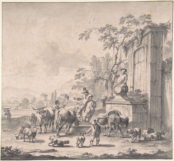 Pieter Bout, Landscape with Herdsmen, Sheep and Cows Around a Fountain