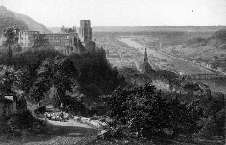 Unknown artist, Utsikten från Walkekuhr åfvan Heidelberg m. slottet.