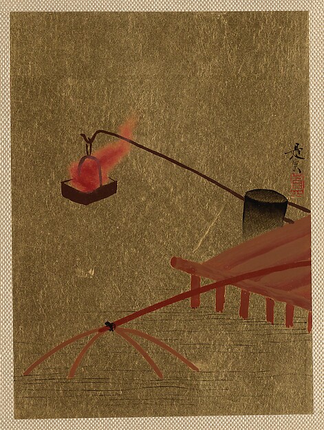 Shibata Zeshin, Fire Basket Suspended from Dock over a Fish Net in the Water