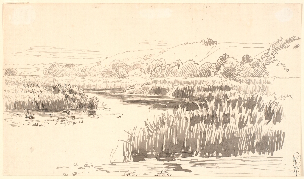 P.C. Skovgaard, Landskab med en å langs hvis bredde der gror høje siv. Bakker i baggrunden. Formentlig Vejle