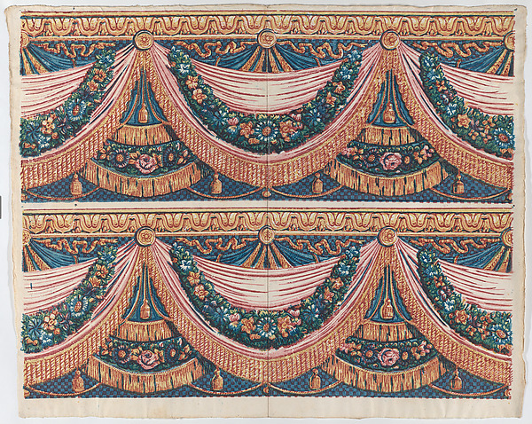 Anonymous, Sheet with two borders with draped curtains and floral garlands