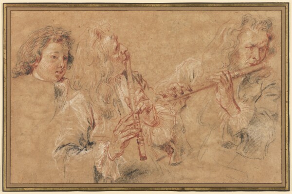 Jean-Antoine Watteau, Two Studies of a Flutist and a Study of the Head of a Boy