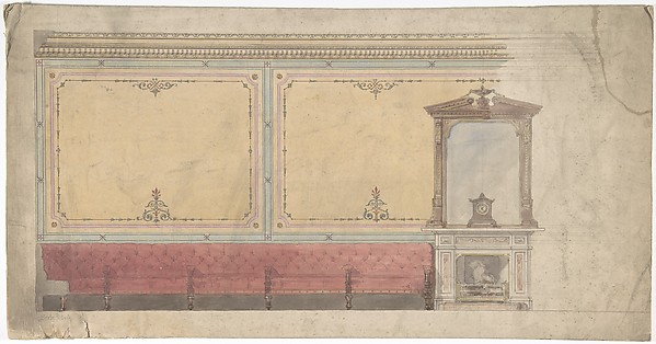 Anonymous, British, 19th century, Design for Wall including Chimney and Red Banquette