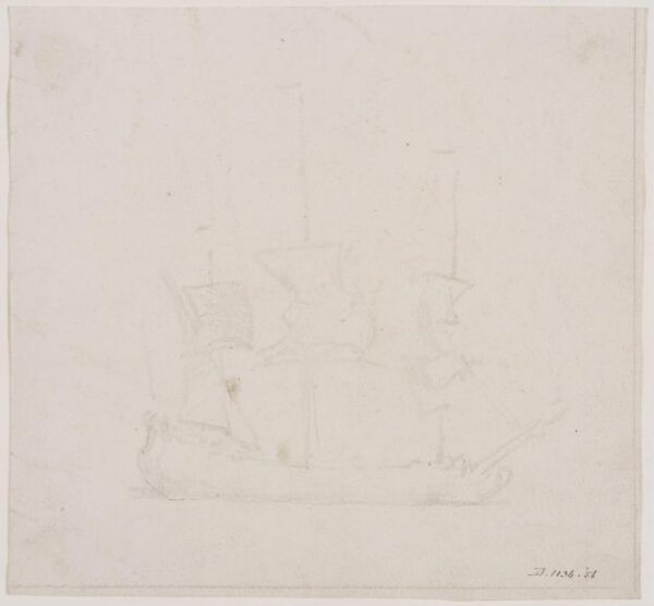 willem van de velde the younger, A ship becalmed; broadside view