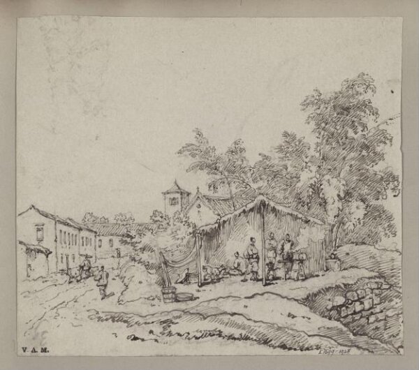 George Chinnery, Blacksmiths beneath a thatched shelter, with the church of S. Antonio, Macau