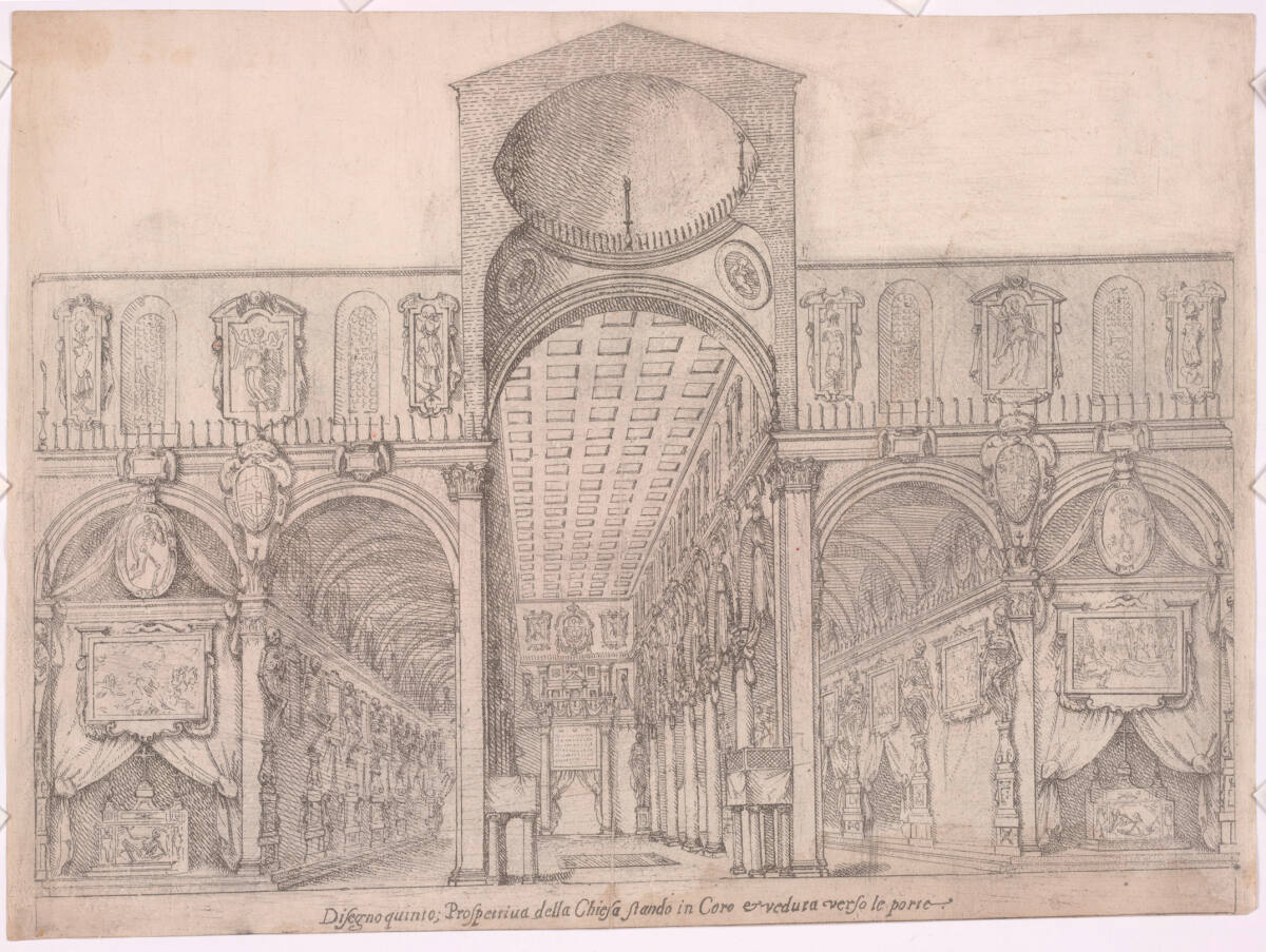 Anonym, Trauerarchitektur in der Basilica San Lorenzo, Florenz 1598, anlässlich der Begräbnisfeierlichkeiten zu Ehren Philipps II. von Spanien: Fünfte Zeichnung