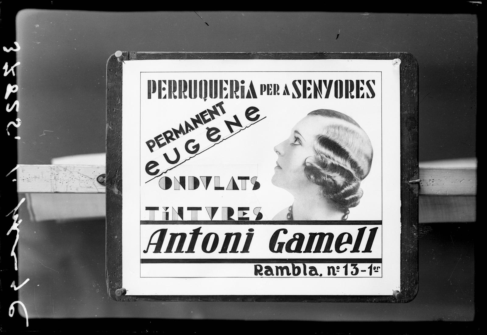 Desconegut, [Cartell publicitari de la perruqueria Antoni Gamell]