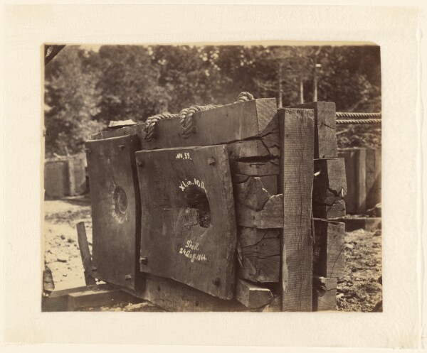 Timothy H. O'Sullivan, [Artillery Test Grounds, No. 59, XI in., 10 lb. Shell, 24 Aug. 1864]