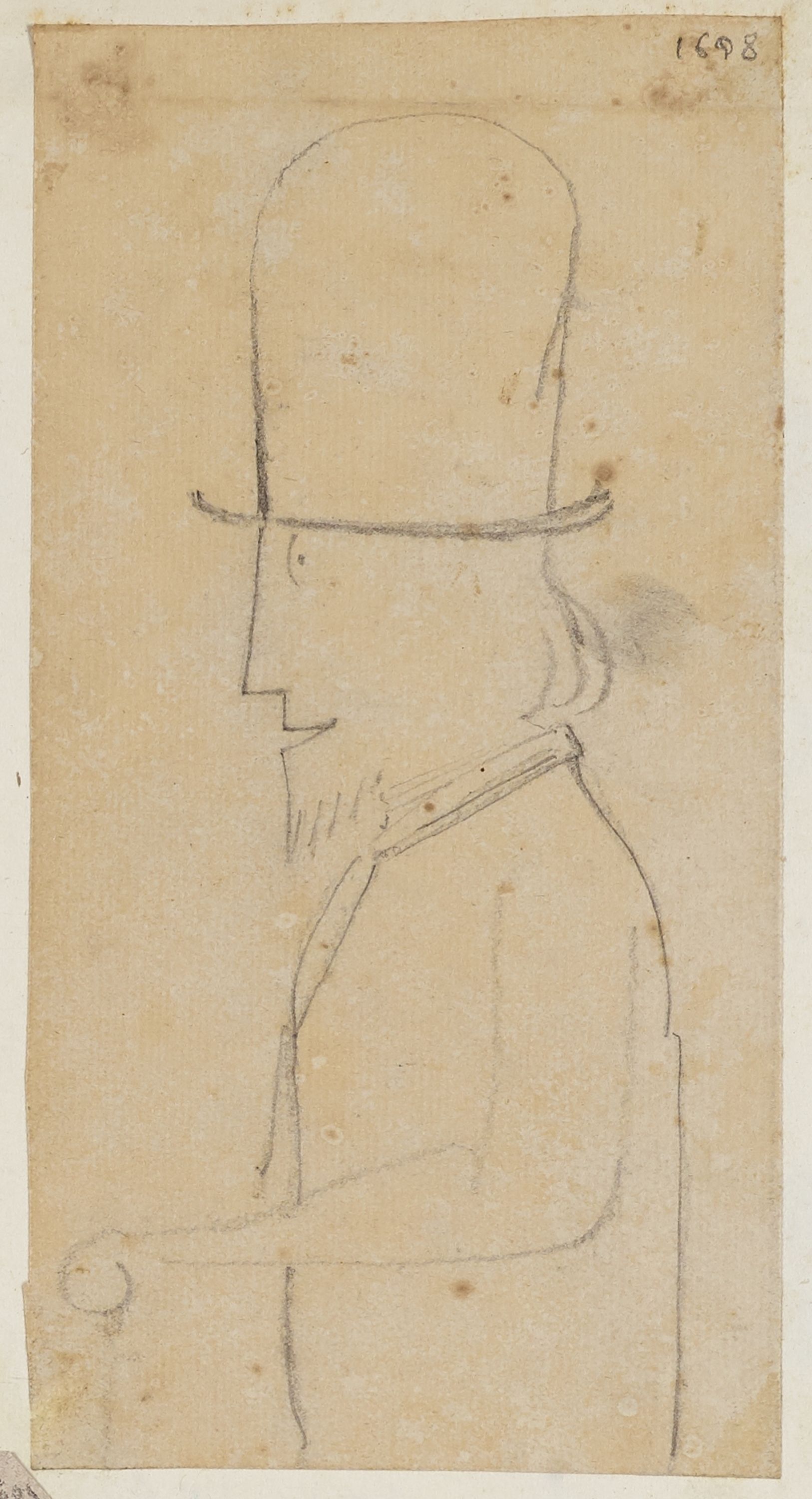 Anonyme, Portrait-charge d'un homme de profil coiffé d'un haut-de-forme et portant une canne